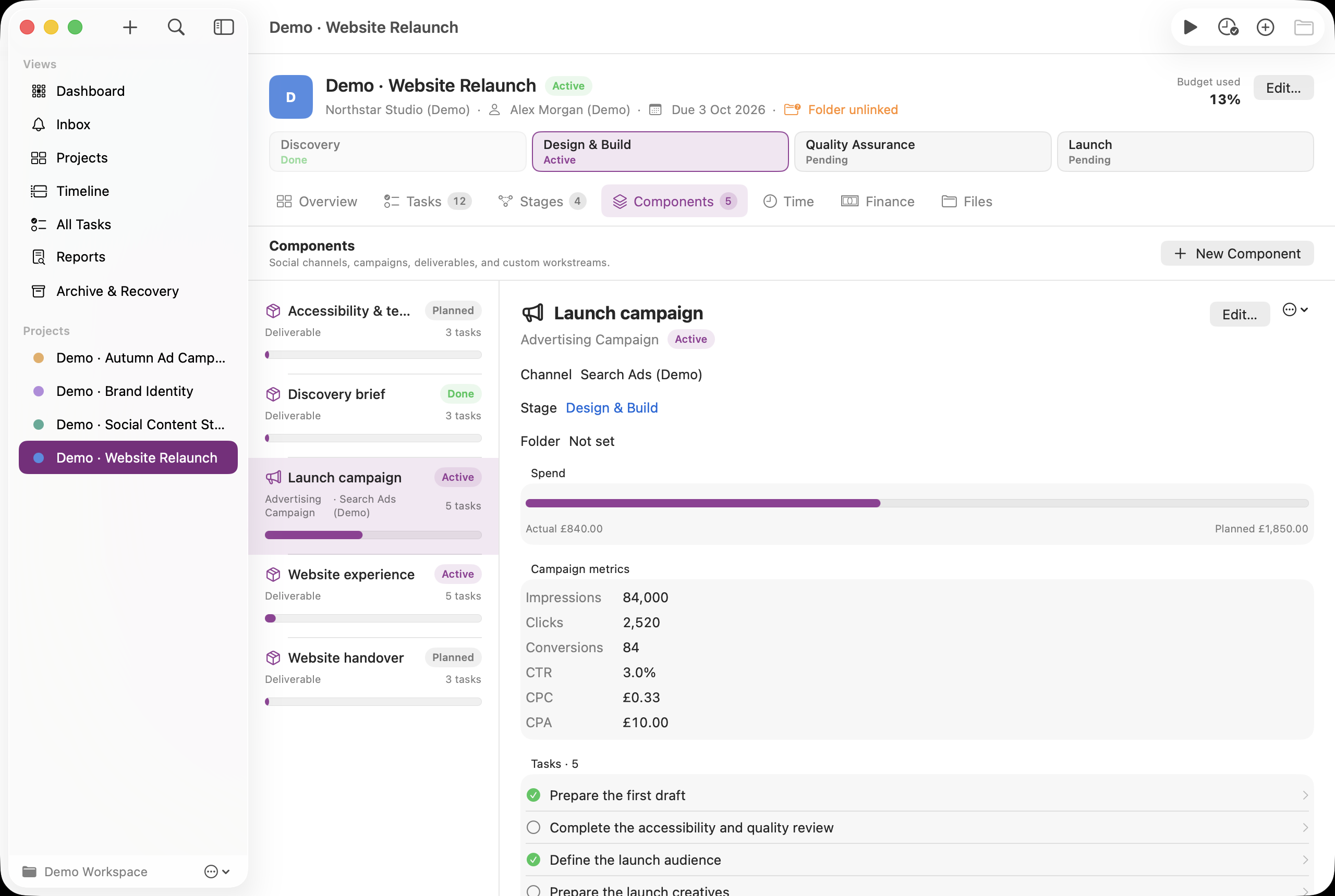 Screenshot of the Launch campaign component in Demo · Website Relaunch, showing its manually maintained performance metrics.