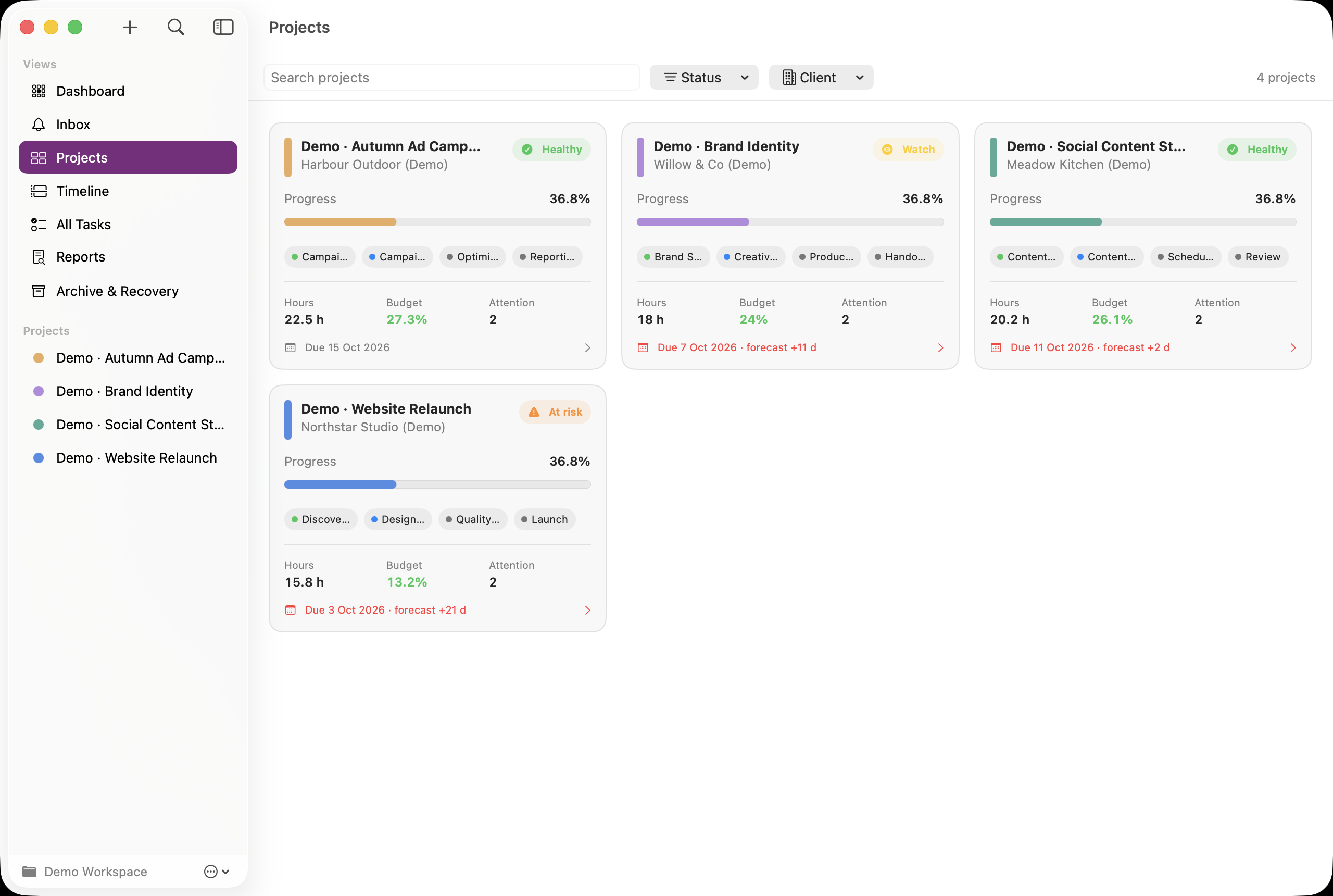 Screenshot of the Projects portfolio containing the four demonstration projects and their planning information.